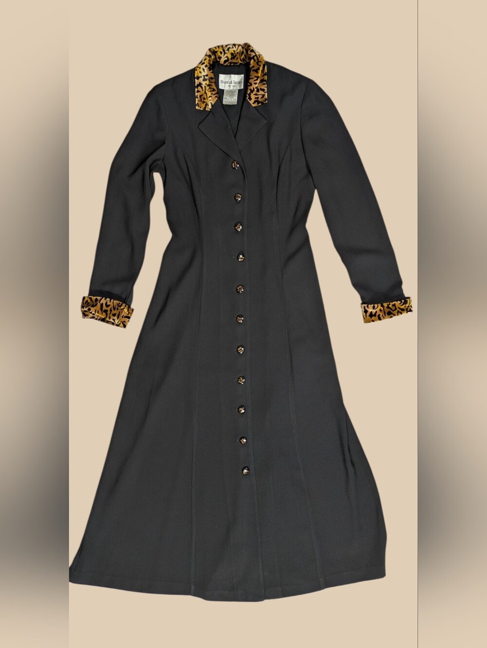 90s Danny & Nicole Black Long Sleeve Button-Front Duster with Leopard Trim